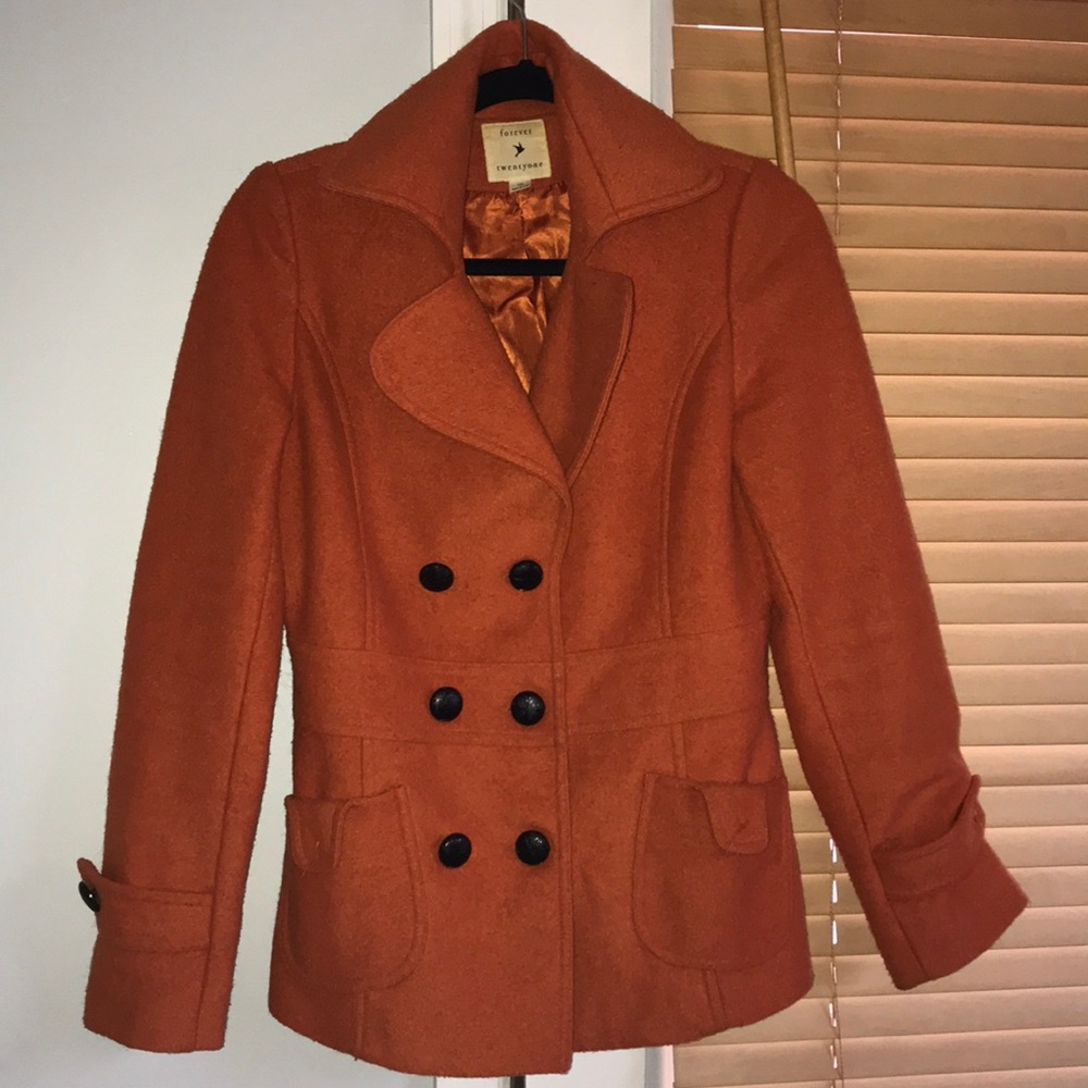 Forever 21 Rust Orange Double-Breasted Pea Coat